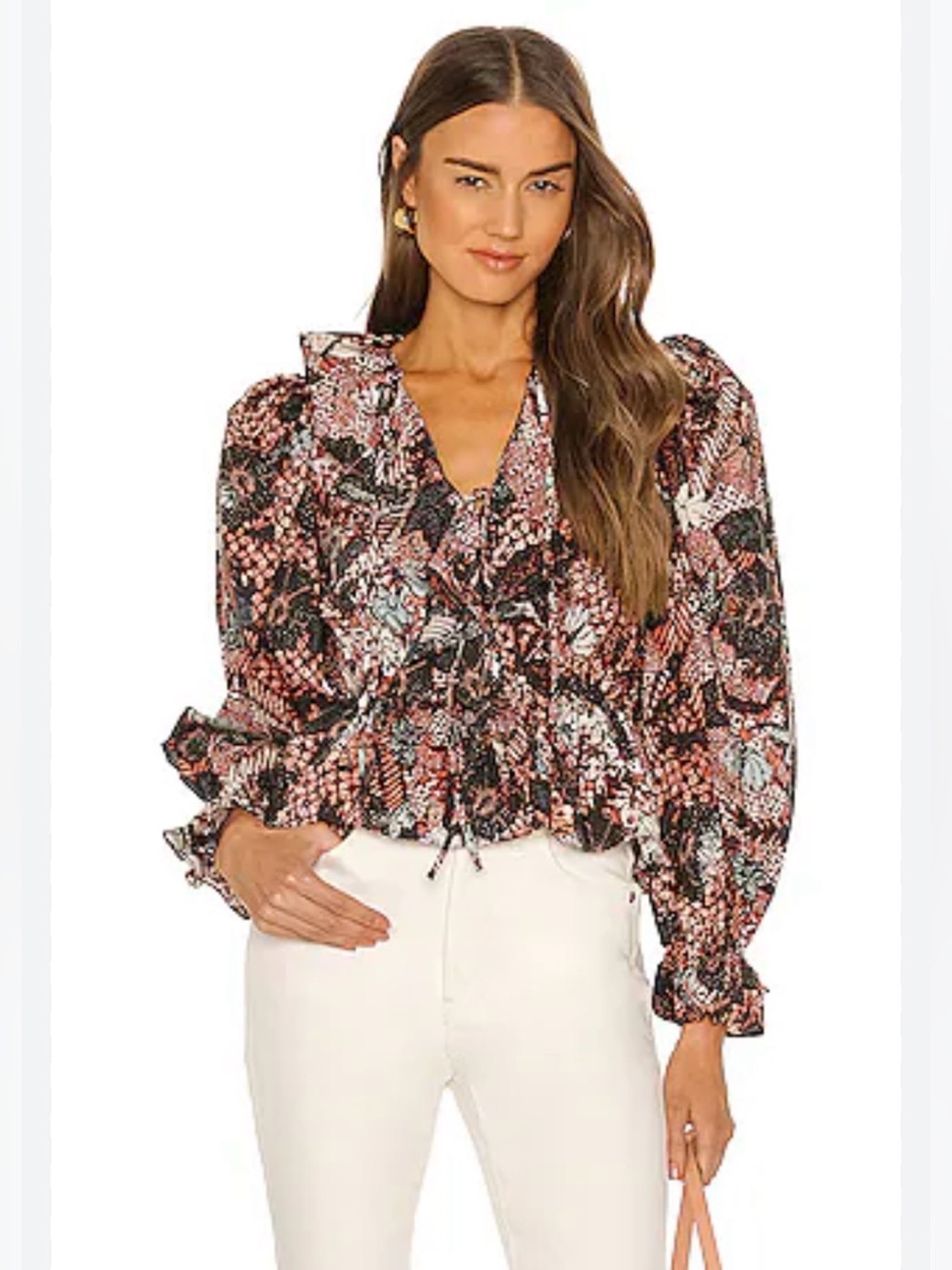 Ulla Johnson Kalila ruffle tie detail blouse in a Rosewood batik print size 10